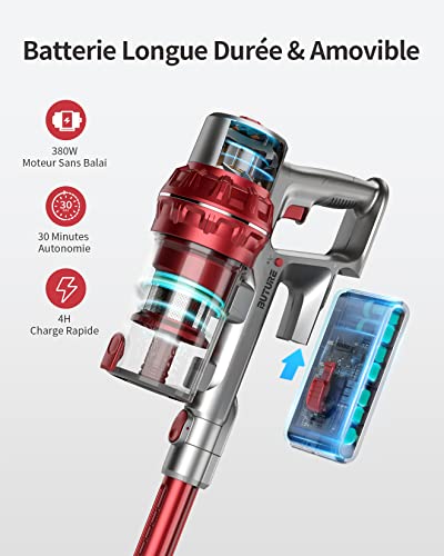 Aspirateur Balai Sans Fil 30000Pa, BuTure Aspirateur Sans Fil Puissant avec Batterie d'Utilisation de 30 Minutes,Tube d' Extension, Filtre Hepa, 380W Aspirateur Balai pour Tapis/Sol/Poils - Image 4
