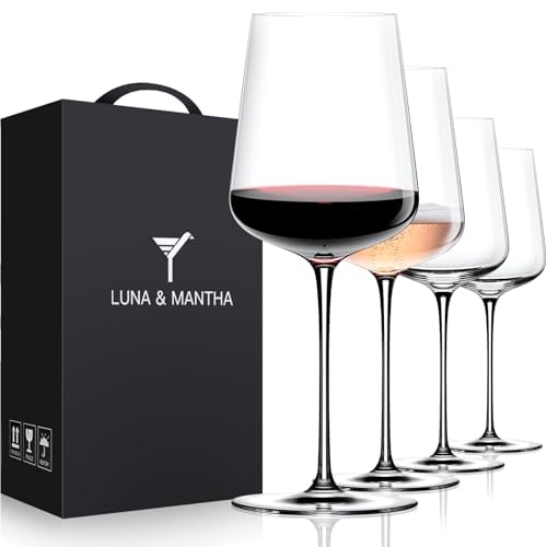 LUNA & MANTHA Wine Glasses Set of 4, 15 oz Hand Blown Crystal Red Wine Glasses, White Modern Wine Glasses with Stem, Ideal Gift for wine Set, Toasting at Weddings or Birthdays
