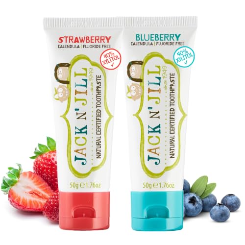 Jack N Jill Natural Kids Toothpaste - Blueberry & Strawberry - Organic Gluten Free Vegan BPA Free Fluoride Free SLS Free Dairy Free - Making Toothbrushing Fun for Kids - 1.76 oz (Pack of 2)