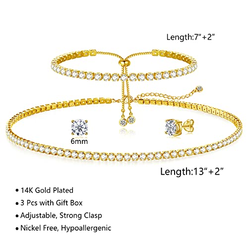 Image of HAXIYA Tennis Necklace Bracelet for Women, Sterling Sliver Jewelry Set, Silver /Gold Chocker Necklace, Crystal Bracelet for Women, Wedding Jewelry for Bride, Sparkly Party Prom Hypoallergenic