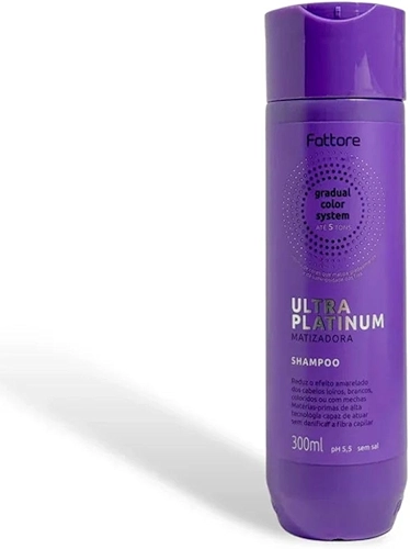 Shampoo Matizador Fattore Ultra Platinum 300ml – Gradual Color System Até 5 Tons – pH 5,5 Sem Sal – Reduz Amarelado em Cabelos Loiros, Brancos, Grisalhos ou com Mechas – Efeito Platinado e Brilho Intenso
