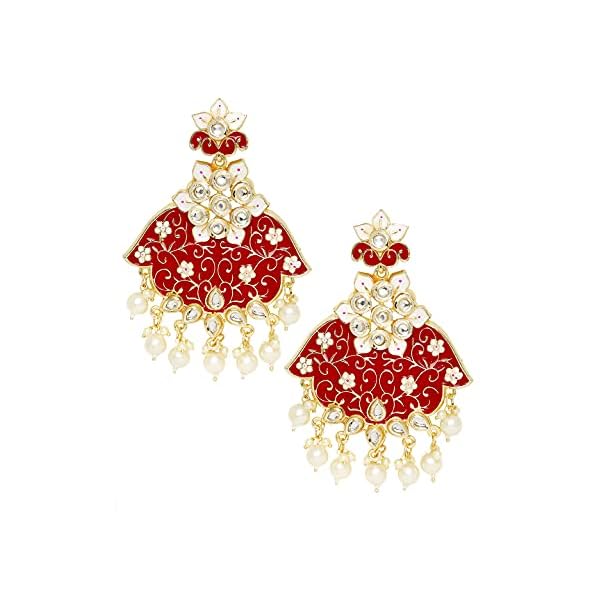Fabula by OOMPH Jewellery Red Meenakari & Kundan Pearls Floral Large Ethnic Drop Earring For Women & Girls Stylish Latest