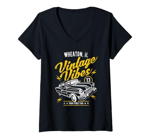 Mujer Wheaton Illinois USA Vintage Vibes Car Diseño envejecido Camiseta Cuello V