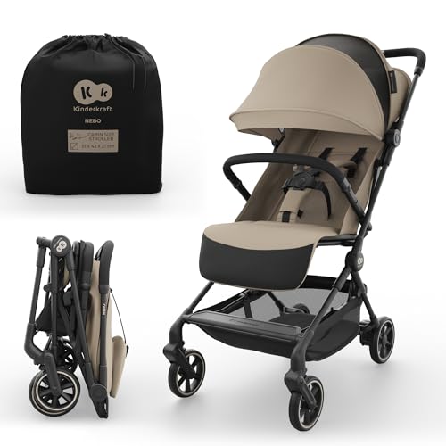 Kinderkraft NEBO silla de paseo cabina ultraligera, plegado con una mano, se mantiene de pie plegada, 51×43×21 cm, correa y bolsa, posición tumbada, arnés 5 puntos, Beige