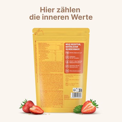BRAINEFFECT DAILY GUT – Probiotisches Getränkepulver mit 16 Mrd. lebenden Bakterien & 7 g Ballaststoffen pro Portion, mit Vitamin B1, B2, B6 & B12, Erdbeergeschmack – 240 g