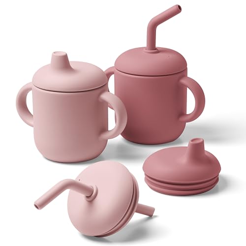 Image of Navik | sippy cups | toddler cups spill proof | silicone sippy cup with straw | sippy cup for 6+ month old | pink and soft pink, (CSBA6)