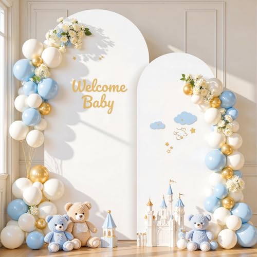 Image of White Photo Arch Backdrop Cover Set of 2 Spandex 7.2 and 6ft White Arch Covers Stretchy Backdrop Wedding Balloon Arch Stand Covers for Birthday Party Baby Shower Bridal Shower Arches Background
