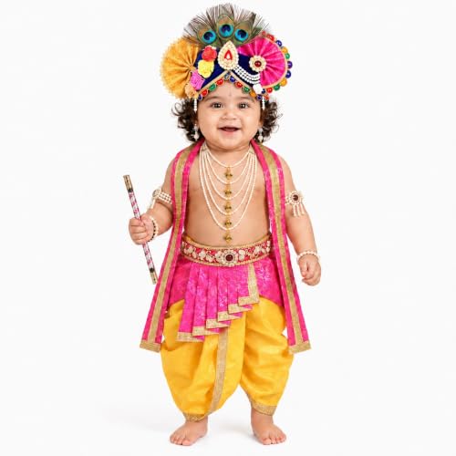 Image of Raj Fancy Dresses Luxury Krishna Pagri for Kids Boys & Girls | Bal Gopal Kanha Janmashtami Turban with 3 Mor Pankh & Pearl Work | Fancy Dress, School Function & Photoshoot Headgear | Only Pagri