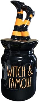 Rae Dunn Black Ceramic Halloween Canister WITCH & FAMOUS with Leg Topper 10" Tall To Topper Top Limited Edition 2022