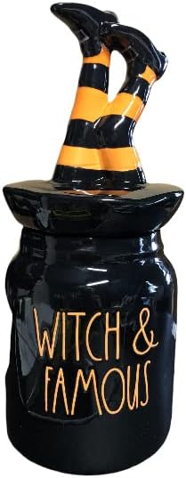 Rae Dunn Black Ceramic Halloween Canister WITCH & FAMOUS with Leg Topper 10 Tall To Topper Top Limited Edition 2022