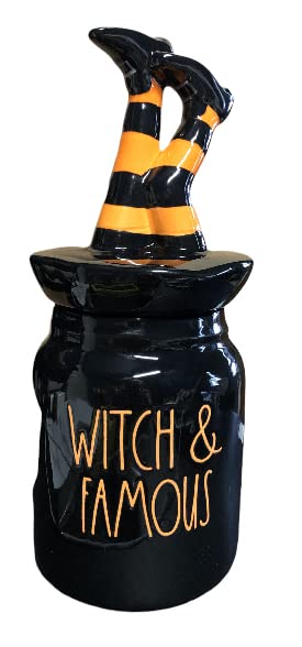 Rae Dunn Black Ceramic Halloween Canister WITCH & FAMOUS with Leg Topper 10