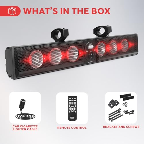 Image of Pyle 36 inch Marine Sound Bar Speaker System for ATV /UTV with Bluetooth, 270W Peak Power, Built-in Amplifier, 6x4 Woofers, 2x1 Treble, Remote Control, USB /AUX Input, Handlebar Mount, IPX5 Waterproof