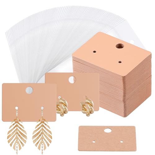 Sibba - Sibba 100 PCS Earring Display Holder Cards with Clear Packaging Self-Sealing Bags, Blank Paper Hanging Earring Tags Jewelry Ear Studs Display Cards for Earrings Necklace Crafts (1.77 × 1.25 in, Brown)