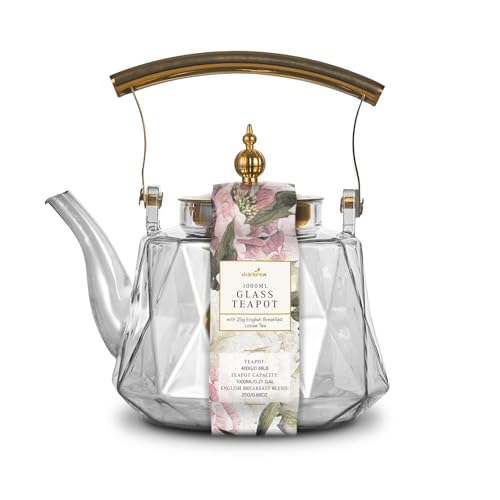 Charbrew 1000ml Transparent Glass Teapot with Infuser - Borosilicate Glass, Golden Lid & Handle - Ideal for Loose Leaf Tea, Teabags & Blooming Tea - Serves 5 Cups