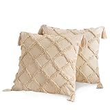 AFIRMLY Throw Pillow Covers, Pillow Covers 18x18, Pack of 2 Boho Decorative Pillow Covers for Living Room Farmhouse Sofa Bed RV, Diamond Tufted Embroidered with Tassels, Home Decor, Beige