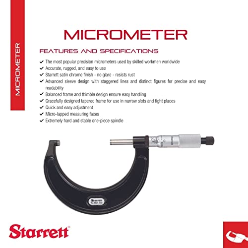 Starrett Outside Micrometer With One-Piece Spindle, Satin Chrome Finish And Advanced Sleeve Design - Quick And Easy Adjustment, 2-3" Range.001" Graduations - 436.1Xrl-3 #TOP1