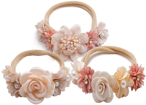 Image of FGSS Floral-Headbands Flower-Crown for Baby Girls Elastic Nylon Hairbands for Newborn Infant Toddler Hair Accessories Pack of 3