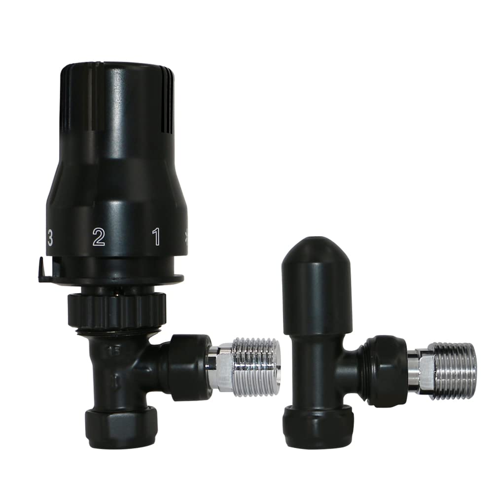Nrg Angled -Black 15Mm Black Trv Thermostatic Radiator Valve + Lockshield Angled Valves