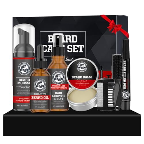 Kit Cuidado Barba Hombre, 7 Cuidado Barba Hombre con Mousse Limpiadora/Spray/Aceite Esencial/Crema de Tratamiento/Pluma Rellenadora de Barba/Cepillo/Peine, Kit Barba, el Regalo Ideal para Hombres