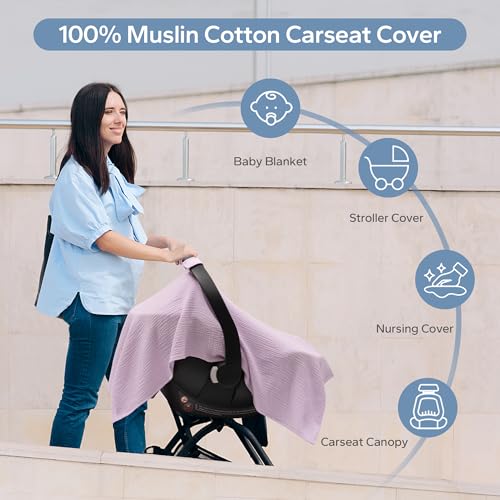 Image of SERAPHY Muslin Car Seat Cover Baby, Universal Carseat Covers Baby Girl Boy | 100% Muslin Cotton, Universal Fit, Breathable, Soft Infant Car Seat Canopy, For Boys and Girls, Sun & Wind Protection
