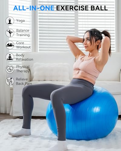 Image of Exercise Ball - Anti-Burst Yoga Ball for Pilates, Pregnancy & Core Stability - Ergonomic Office Desk Ball Chair & Physical Therapy Equipment, Quick Pump Included