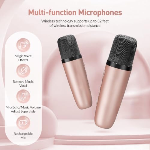 Image of Mini Karaoke Machine, Portable Bluetooth Karaoke Speaker with 2 Wireless Microphones and Party Lights for Kids and Adults, Birthday Gifts for Girls Boys Family Home Party (Rose Gold)