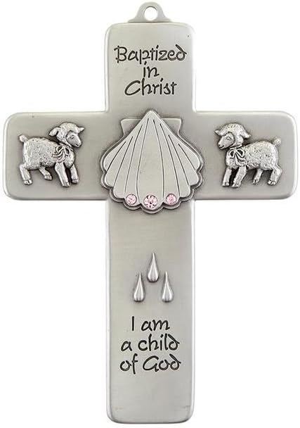 Trinity Church Supply Baptized in Christ Cross with Pink Crystal Inspirational Wall Hanging Religious Home Living Room Decor, 5 Inch Height