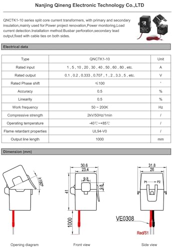 Sensor de CA de núcleo dividido QNCTK1-10 con salida de voltaje 1V para líneas de 5A 5