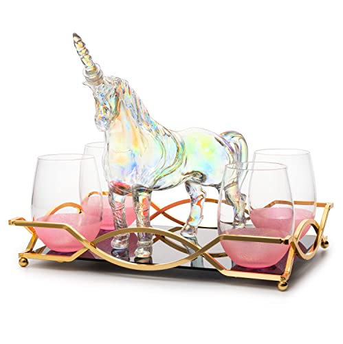 Iridescent Unicorn Wine Whiskey Decanter Set 750Ml With 4 Pink Sparkle Glasses For Wine, Whiskey, Scotch, Tequila Or Any Drink By The Wine Savant - Unicorn Gifts, Unicorn Lovers, 14" L, 10" W, 11" H #TOP15