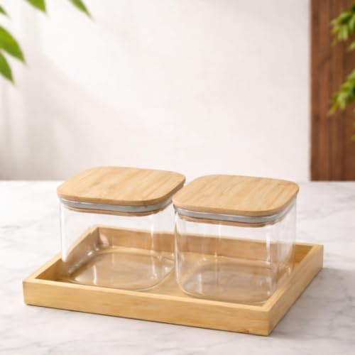Image of Borosilicate Glass Storage Jar Set with Tray (Transparent, Set of 2-Squar)