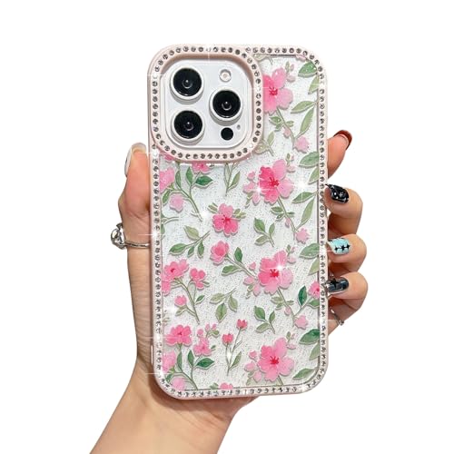 Coque iPhone 14 Plus floral rose paillettes strass silicone transparent EYZUTAK