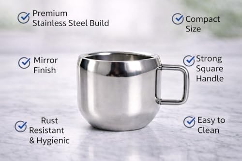 Image of Stainless Steel Tea Cups Set of 12 with Handle | Mirror Finish Chai Cups | 90ml Tea & Coffee Serving Cups | Rust Resistant | Double wall Apple Shaped (Silver)