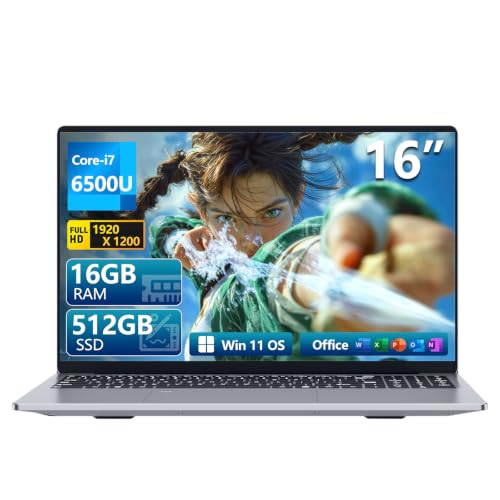 Laptop 16 pollici Core i7-6500U, Windows 11, 16GB LPDDR4 RAM, 512GB SSD, 1080p schermo, tastiera retroilluminata, porte Type-C/RJ45/Mini-HDMI, webcam, batteria 5000mAh