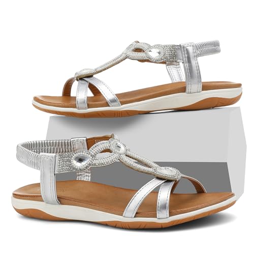 Image of UBFEN Flat Sandals For Women Dressy Arch Support Comfortable Casual Sandal With 2026 Rhinestone Braid Elastic Strap Summer Vacation