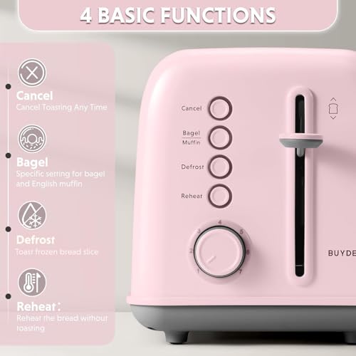 Image of BUYDEEM DT620 2-Slice Toaster, Extra Wide Slots, Retro Stainless Steel with High Lift Lever, Bagel and Muffin Function, Removal Crumb Tray, 7-Shade Settings,Pink
