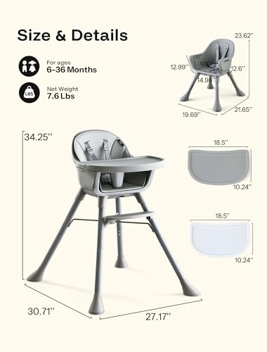 Image of HARPPA Caspio Lite High Chair, Convertible Baby Feeding Chair with Footrest | Wipeable High Chairs for Babies and Toddlers, Wide Stable Base, Reinforced X-Bracket, Adjustable Double Tray, Posture Support