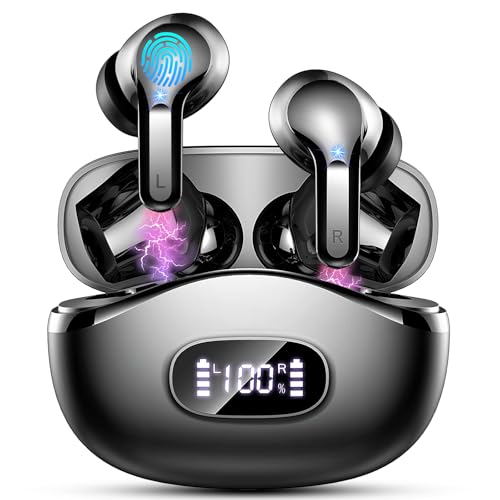 Wireless Earbuds, 2025 Bluetooth 5.4 Headphones In Ear with 4 ENC Noise Cancelling Mic, 40H Wireless Earphones Deep Bass, IP7 Waterproof Ear buds Bluetooth Earbuds, LED Display, Mini UltraLight, Black