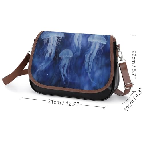 Women's Handbag Dark Blue Jellyfish Patterns Satchel Bag Leather Crossbody Bag Waterproof Messenger Bag2