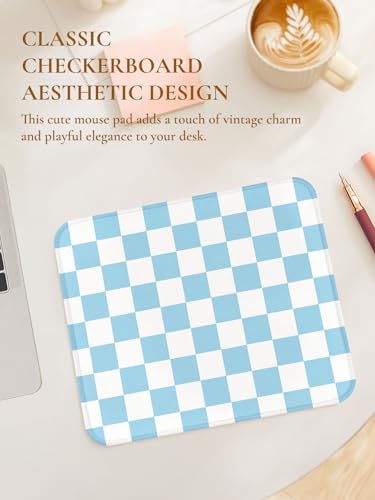 Image of Square Cute Checkered Mouse Pad with Stitched Edge, Premium Waterproof Cloth Aesthetic Small Plaid Mouse Mat, Non-Slip Rubber Base Funny Mousepad Desk Accessories,Checkerd Blue White