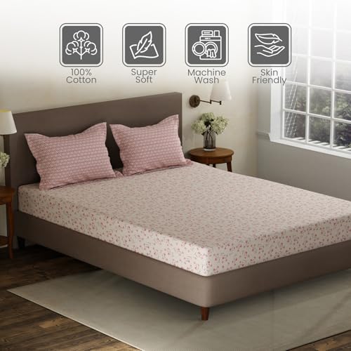 Image of Layers 100% Cotton Double Size Bedsheet Set | Pink Floral Print | 120 TC Forever Collection | Soft & Breathable | Washable Bedsheet with 2 Pillow Covers | All Season