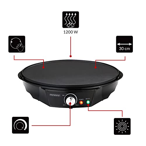 Monzana Crepes Maker Antihaftbeschichtung 1200W stufenlose Temperatur 30cm BPA frei LED inkl Teigverteiler Pfannenwender – Bild 8