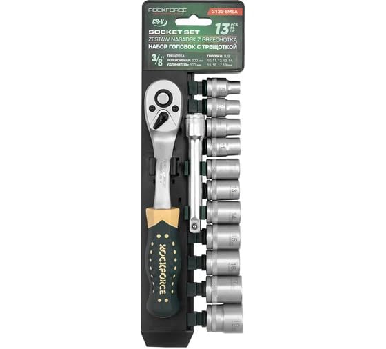 Image of ROCKFORCE 13-Piece Socket Set with Ratchet Handle, 3 /8-Inch Drive | Chrome Vanadium Steel Sockets, Portable Professional Hand Tool Set, For Mechanics, DIY, Garage & Workshop