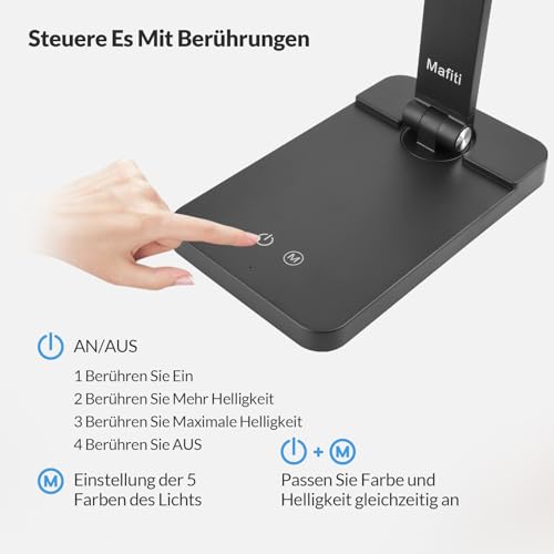 mafiti Schreibtischlampe LED Dimmbar Tischlampe 5 Farb und 3 Helligkeitsstufen, Augenfreundliche Nachttischlampe, USB-Anschluss für Leser… – Ansicht 4