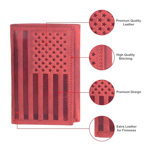 Image of ASAD Leather Slim Everyday Trifold Wallet with ID Window and Multiple Card Slots | Genuine Leather Double Stitched RFID Blocking Stylish | Gift for Him | Bordo Crazy Horse American Flag Design