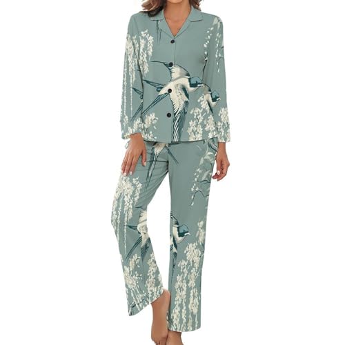 Pyjama grande taille femme à motif floral hirondelle et manches longues pour vêtement d'intérieur