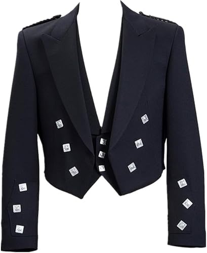 Scottish Black Wool Prince Charlie Kilt Jacket With Waistcoat (US,