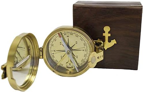 RedSkyTrader Brass Lensatic Desktop Compass w/Wooden Box: Military Collection