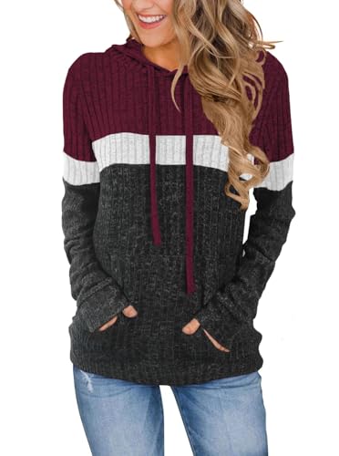 MixShe Women’s Color Block Knit Hoodie – Casual Long Sleeve Pullover Sweater Tops with Pocket