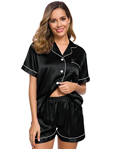 Swomog Womens Silk Satin Pajamas Set Two-Piece Pj Sets Sleepwear Loungewear Button-Down Pj Sets Black #TOP2
