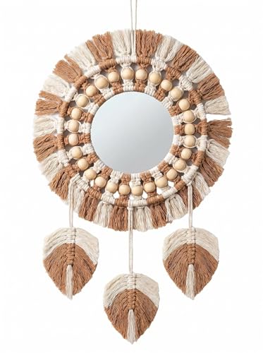Image of JH Gallery Boho Macrame Mirror Wall Hanging - Handcrafted Cotton Rope Round Mirror with Tassels & Wooden Beads for Home, Bedroom & Entryway Decor(Brown)